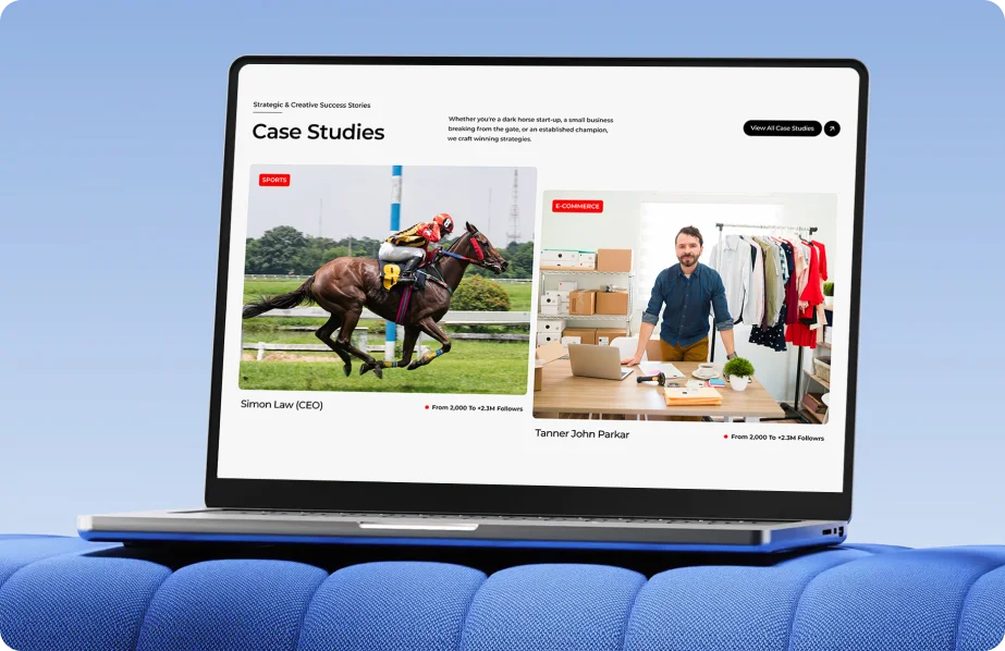 CEM Media portfolio case studies displayed on a laptop