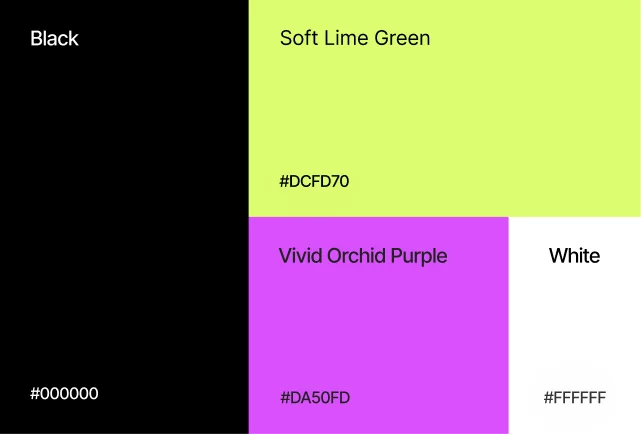 AeroBreathe brand colour palette featuring black, soft lime green, vivid orchid purple and white