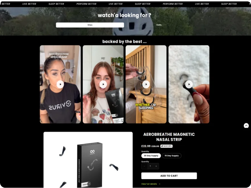 AeroBreathe website product page featuring magnetic nasal strips and creator videos
