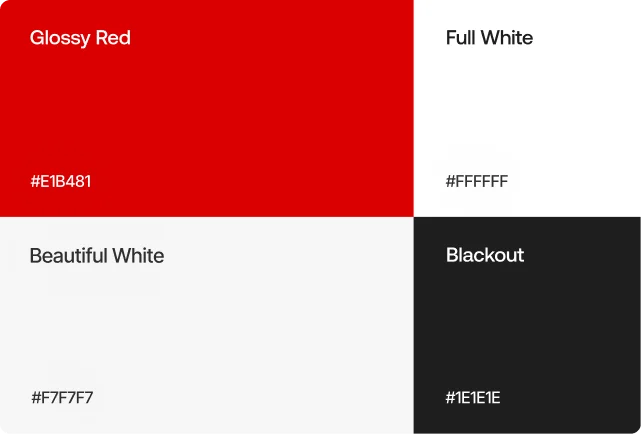 CEM Media brand colour palette of glossy red, full white, beautiful white and blackout