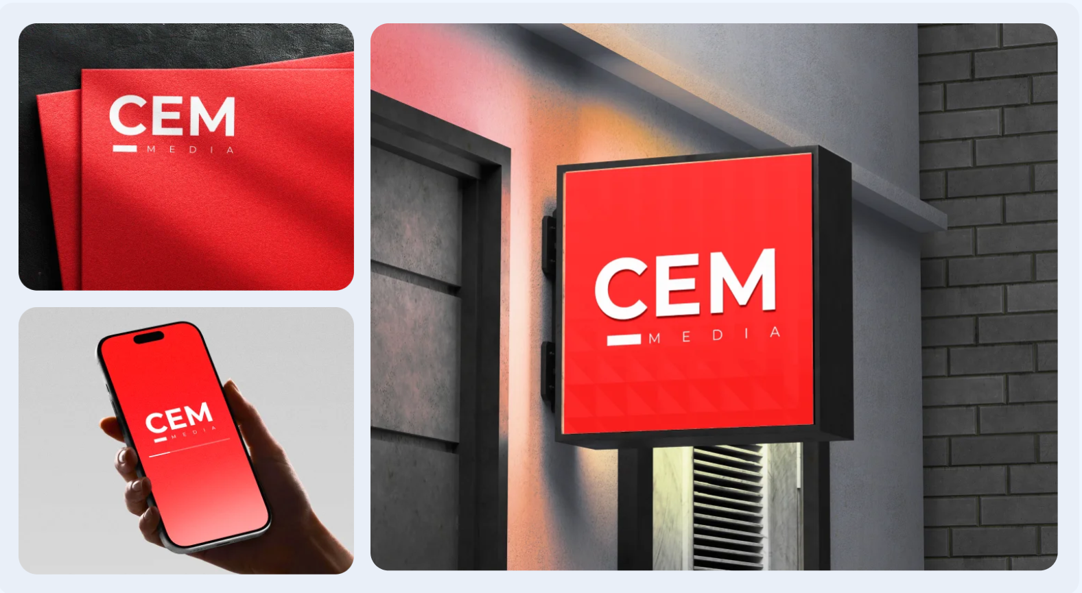 CEM Media logo applied to signage, printed collateral and mobile media