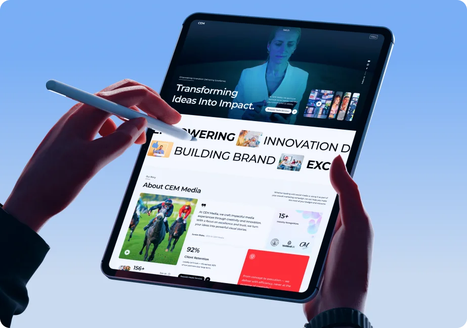 CEM Media website experience shown on a tablet held in two hands
