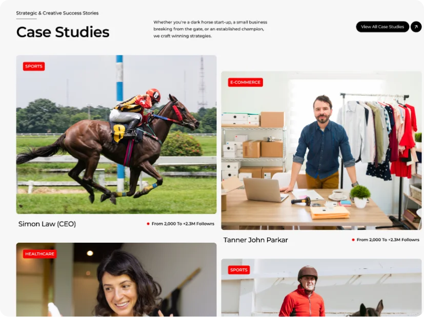 CEM Media case studies interface showing categorised client stories