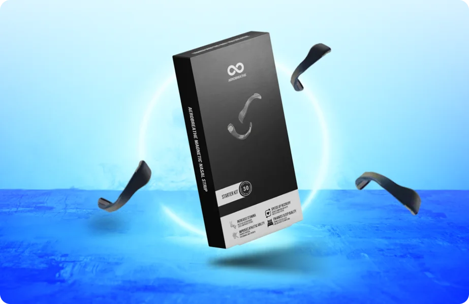 AeroBreathe nasal strip packaging shown in a floating product composition