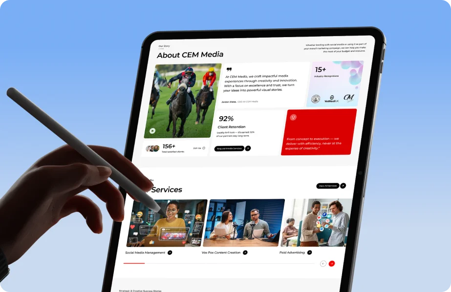 CEM Media responsive website shown on a tablet device