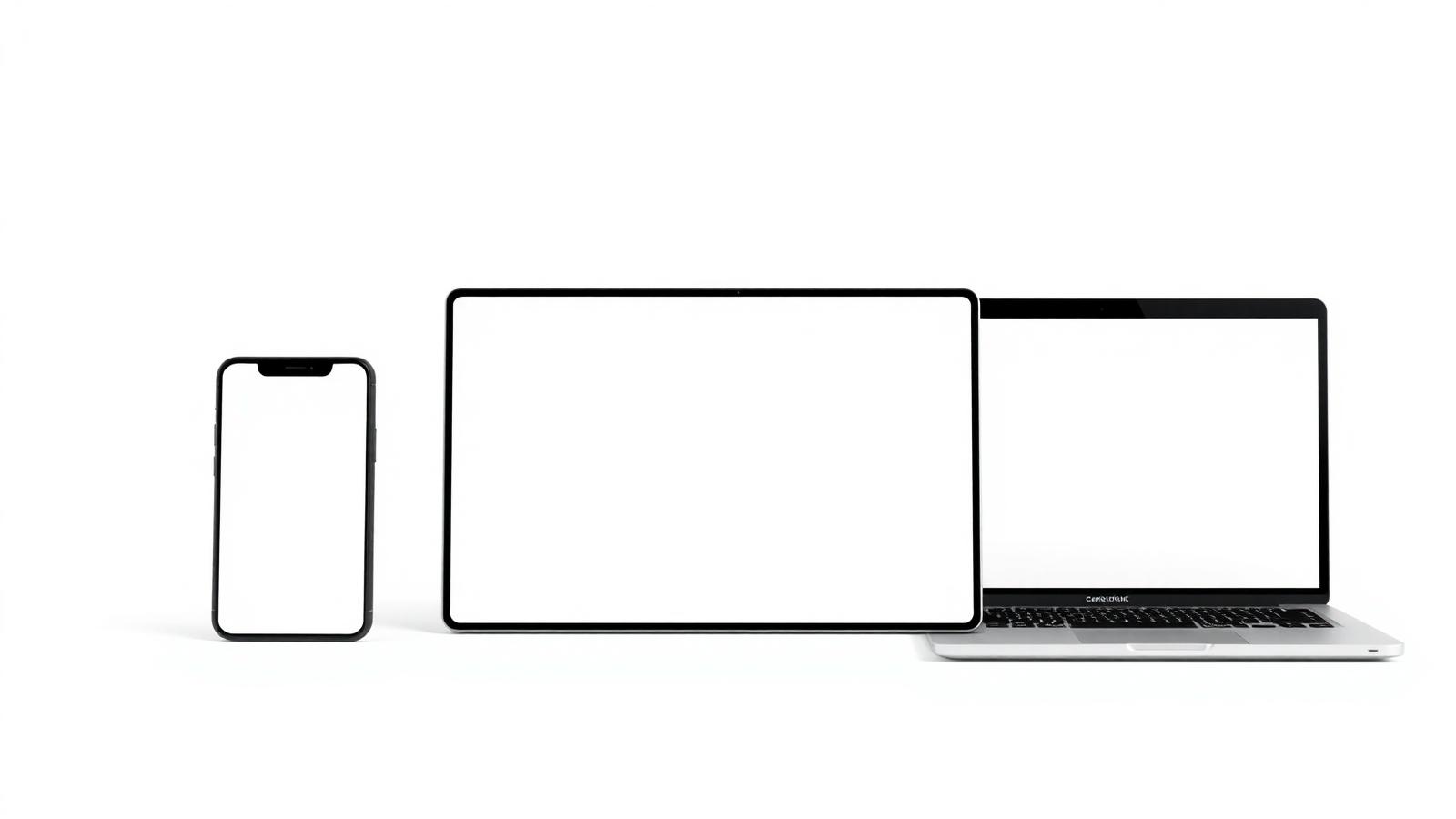 Blank phone, tablet and laptop mockups side by side on a light background