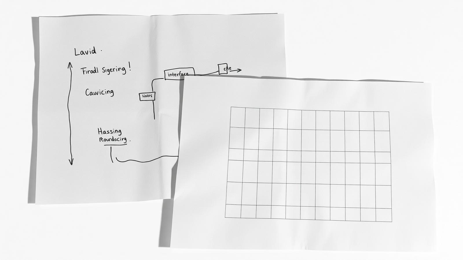 Two overlapping paper sheets, one with a hand-drawn flow diagram and one with a geometric grid
