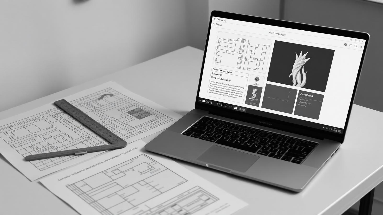 Wireframe printouts, a ruler and a laptop showing a monochrome website layout